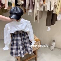  Baby Korean childrens clothing Girls sweet hollow bubble sleeve shirt Childrens fashion cotton plaid A-line skirt tide