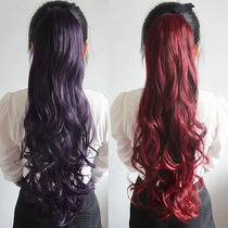 Wig ponytail long curly hair strap wig fluffy big wave curly ponytail dark purple wine red fake ponytail