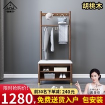 New Chinese style solid wood shoe cabinet changing shoes stool coat rack integrated storage walnut economical small family living room