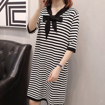 Large size womens summer striped belly Belly Belly short sleeve dress fat sister slim age bow ice silk knit skirt