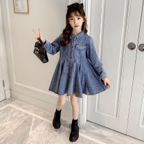 Next win girl denim skirt 2021 Spring and Autumn New Korean version of the middle and Big Boy foreign style English lapel dress