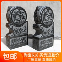 A pair of stone carving door piers for household doorways town houses bluestone antique old lions head stone pier stone drum drum stone