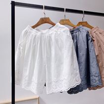 2022 Summer new South Korea Xiaoqing New easing big code tightness waist pure cotton hollowed-out embroidery dress pants Senfemale shorts