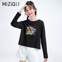 Miko Banner Black Long Sleeve T-shirt Woman Spring Autumn 2022 New Korean Version Casual Loose Short of pure cotton blouses