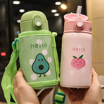 Cartoon straw cup net Red Bull oil fruit thermos cup with cup cover Student water cup Portable childrens kettle leak-proof
