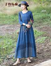 Zimu cotton and hemp 2020 spring womens retro ethnic style sub-square collar pullover long dress loose large swing long sleeve even