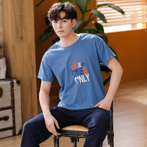Mens pajamas summer cotton short sleeve trousers home clothes summer thin casual can be worn outside plus size two-piece set