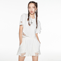 VIA PITTIt Shirt Women's Summer Personality Destroys Loose Short Sleeve Jacket Thin Pierced White Cotton Women's Wear