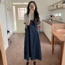 Pregnant womens set summer 2021 new belly slim dress summer strap dress Net red pregnant woman denim skirt