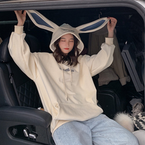 Cute rabbit ears hooded sweater female spring and autumn thin model 2021 New Tide Korean loose lazy wind age shirt