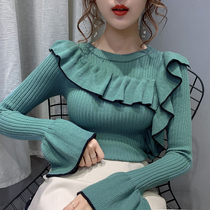 Lotus leaf side slats bottom sweater womens inner lap 2019 autumn winter new foreign pistachio outside wearing thickened cover-head knitwear