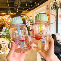 ins Korean girl heart cute plastic handcup cartoon Post transparent straw water Cup student couple Cup