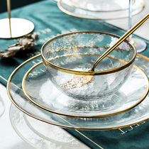 Transparent glass bowl plate tableware set gold rimmed dessert fruit salad bowl single creative personality home heat-resistant