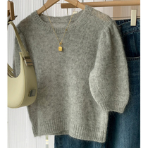 Honey color xuan gray short-sleeved mohair sweater women 2022 early autumn new Korean version all-match inner knitted top