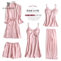 Silk pajamas womens 2021 new summer ice silk sexy suspender five-piece set spring and autumn thin long-sleeved residential clothes hy
