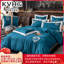 KVHG high-end four-piece cotton sheets thick warm bedding sanding cotton embroidery quilt cover in autumn and winter