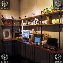 Industrial wind Wrought iron water pipe wall shelf Vintage solid wood bookshelf Floor-to-ceiling home bedroom living room office desk