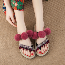 ins Net red linen slippers women Summer Thai color hair ball sandals National Wind flat bottom holiday sandals seaside