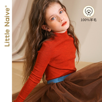 LittleNaive girls all wool bottoming knitwear solid color autumn and winter turtleneck childrens sweaters