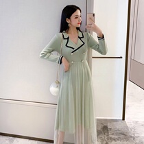 Knitted dress 2020 new Korean fashion mesh stitching skirt long knee long sleeve long skirt autumn