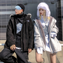 Mr Guochao winter velvet thickened big hair collar mountain carving coat Male loose hip-hop couple cotton coat Cotton suit