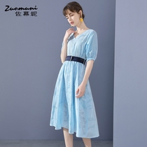 Sasumini V-neck waist blue dress womens autumn 2021 long cotton noble fashion dress 11508