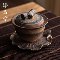 Handmade ceramic bowl rough pottery retro large Three talent tea bowl kung fu tea set tea Chinese tea cup black pottery tea ware