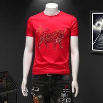 Summer youth mercerized cotton round neck half sleeves born year of the ox red hot diamond short sleeve T-shirt Tide brand slim mens