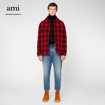 Ami Paris Mens Wool Plaid Casual Bag Short Coat