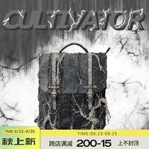 Cultivator original personality Street backpack black wash do old denim tassel mens backpack