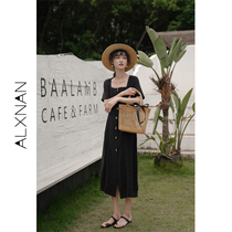 Deer south black retro dress womens summer 2021 new short-sleeved long dress square collar bellflower French skirt