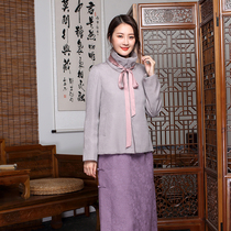 Autumn water ballad long sleeve vintage National style top female autumn winter 2021 new gray copper ammonia silk short cotton padded jacket