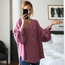 Korean original Big code Female dress Fat MM Fashion new V collar fastening Long sleeves Leisure 100 Lap Shirt