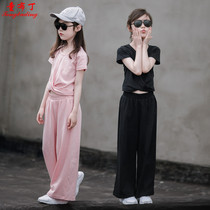 Middle-sized girl net red suit 2022 new stylish short-sleeved wide-leg pants two sets of foreign-gas girl children summer