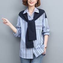 Striped Shirt Woman Short Sleeve 2021 Spring Summer New Medium Long Style Lady Shirt Middle-aged Long Sleeve Blouse