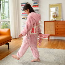 Childrens coral velvet pajamas autumn and winter girls flannel little girl home clothes middle and big child padded long suit