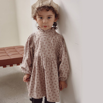 Girls dress autumn and winter cotton long sleeve skirt Korean princess dress print dress Foreign color Joker lace floral