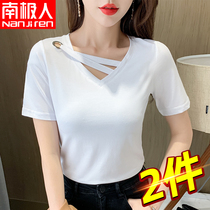 Modale Short Sleeve T-shirt Woman 2022 Summer new interior lap white V-collar blouses black hitch undershirt tide