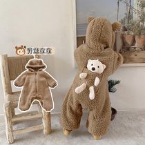 ins Net red baby jumpsuit winter clothes out to carry hair hair cute boy climbing clothes plus velvet thickened