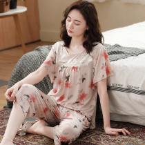 Mom pajamas summer thin ladies short sleeve modal cotton silk home clothes summer middle-aged and elderly large size set