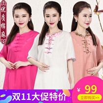 Taiji clothing spring and summer clothing new cotton short sleeve linen cotton martial arts clothing non middle sleeve middle-aged practice clothing morning exercise performance