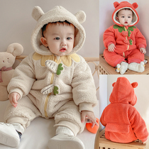 Baby boy clothes winter clothes plus velvet jumpsuit 0-2 years old baby girl warm and thickened hooded lamb velvet outing clothes