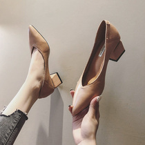 Thick heel shoes womens 2020 new retro leather shallow mouth high heels all-match soft leather casual pointed grandma shoes