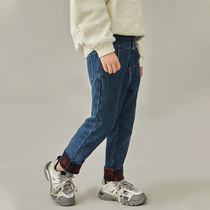 Pear small leisure 2021 autumn new girls denim trousers in big children Korean Tide plus velvet warm Joker children jeans