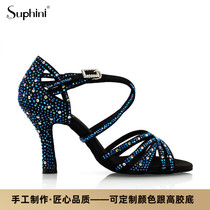 Suphini Boutique Custom Color Drill Ladies Style Fine Heel Soft Bottom Bullpen Rumba Samba Sanba Precisely Denim Latin Dance Shoes