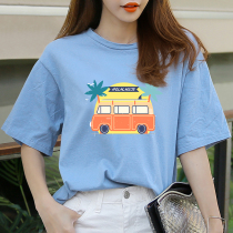 Hipster T-shirt female sky blue cute print short sleeve top ins tide cotton loose round neck half sleeve shirt summer