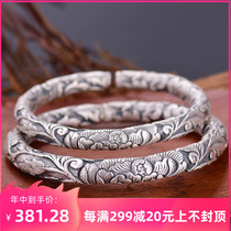 999 handmade sterling silver high relief peony flower bracelet boutique noble concubine retro opening ethnic style carving flower to send to the mother