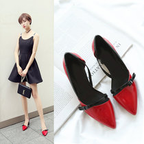 Spring and autumn new leather red thick heel toe sandals medium heel pointed toe high heels shallow mouth single shoes womens scoop shoes womens shoes