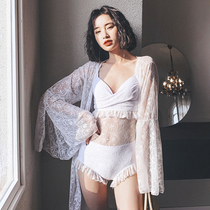 2021 new one-piece swimsuit female summer super fairy fan sexy lace thin cover belly gathered conservative resort spa