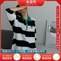 RANYI LONDON designer brand striped diamond buckle seven-point sleeve polo shirt 2021 spring summer summer T-shirt top women